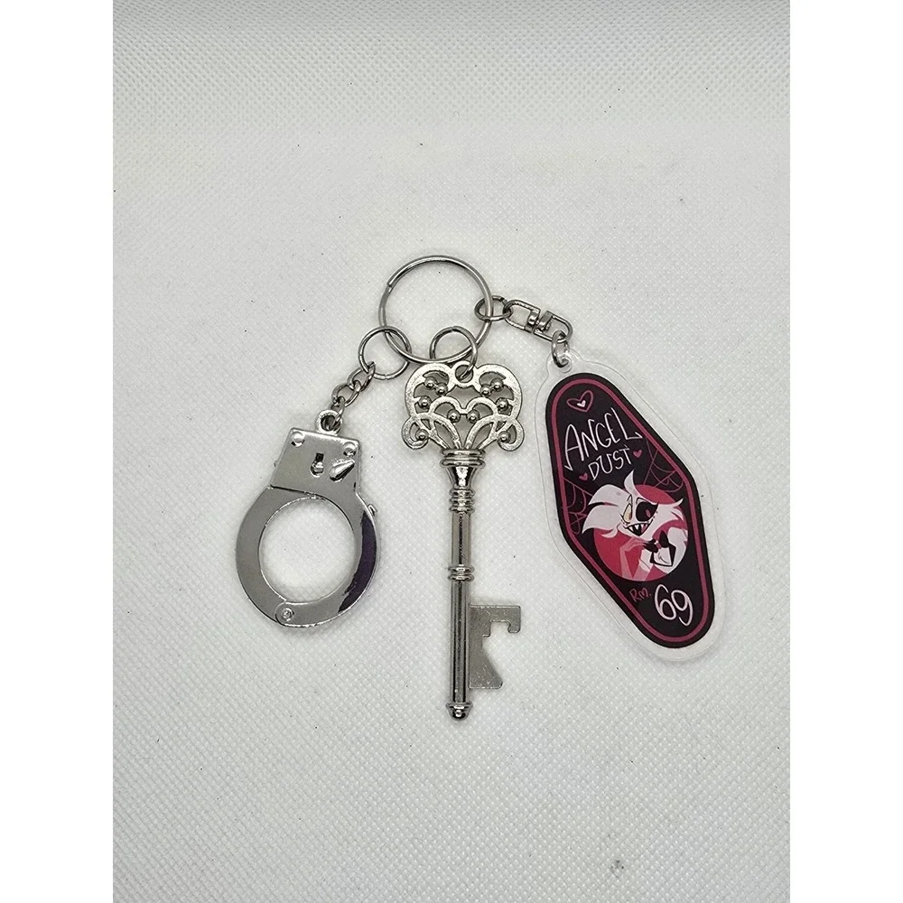 Angel Dust Hazbin Hotel Keychain,  with bottle opener key, and handcuff HANDMADE